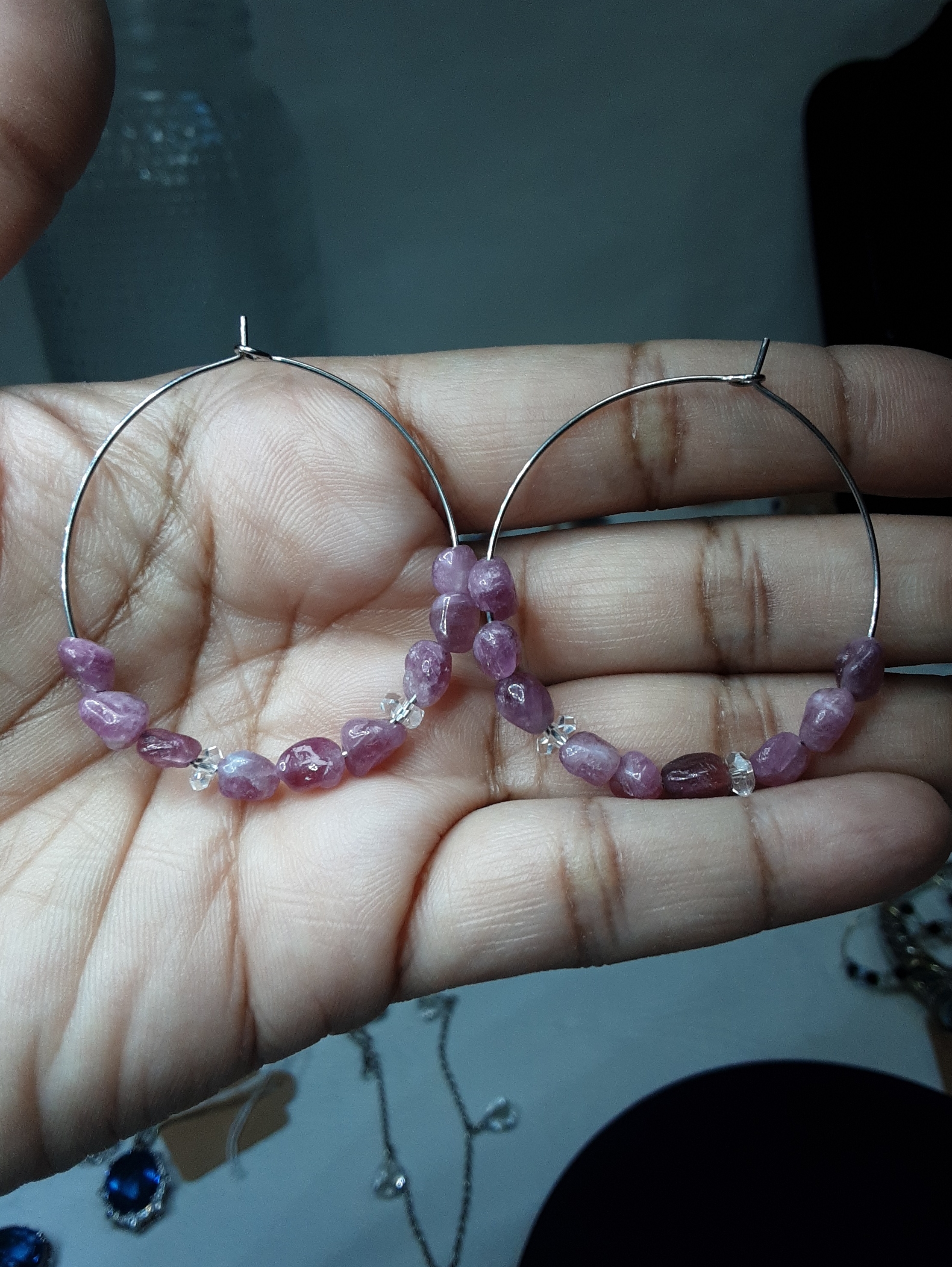 Large Stainless Steel Genuine Pink Tourmaline Herkimer Diamond Quartz Hoops Large Stainless Steel Genuine Pink Tourmaline Herkimer Diamond Quartz Hoops
